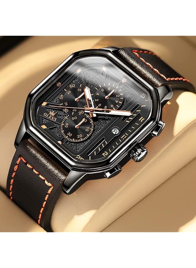أوليفز ساعات رجالية كوارتز كرونوغراف جلد موضة رسمية ساعة تاريخ مقاومة للماء مضيئة ساعات يد كاجوال مربعة للأعمال… - Image 2