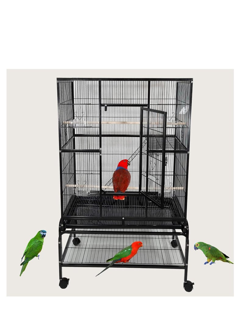 أن ان سي بيتس قفص طيور للطيور الصغيرة والمتوسطة، قفص طيور واسع مع مجاثم خشبية، سلم للتسلق، أكواب تغذية، صينية قابلة للإزالة، قاعدة قابلة للفصل ورف سفلي 136 سم (أسود) - Image 1