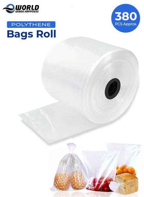 Transparent Polythene Food Storage Bags Roll, Extra-Thick, Leakproof, Freezer Safe Disposable Bags for Meat, Vegetables and Leftovers Storage (1.5kg Roll, Approximately 380 Bags, 48x40cm)