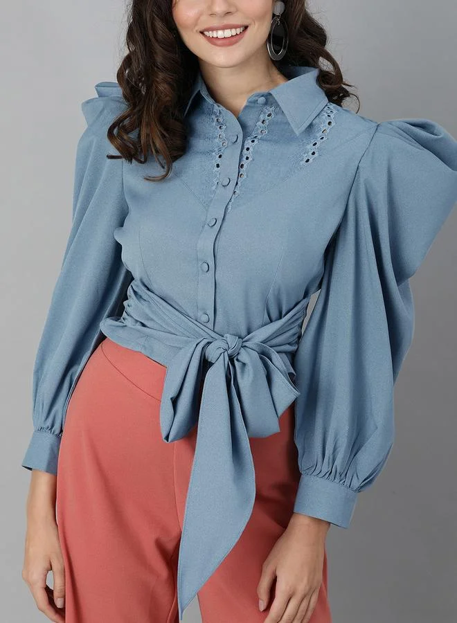 Kassually Kassually Solid Regular Fit Balloon Sleeve Crop Shirt