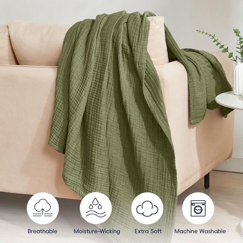 PHF 100% Cotton Muslin Throw XL Blanket Large 50" x 70", 4-Layer Lightweight Gauze Throw, Breathable Cloud-Soft Minimalist Blanket for Bed, Couch, Camping & Baby, Olive Green, Ideal Gift - Image 5