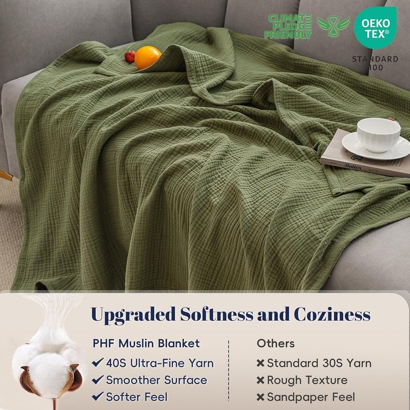 PHF 100% Cotton Muslin Throw XL Blanket Large 50" x 70", 4-Layer Lightweight Gauze Throw, Breathable Cloud-Soft Minimalist Blanket for Bed, Couch, Camping & Baby, Olive Green, Ideal Gift - Image 4
