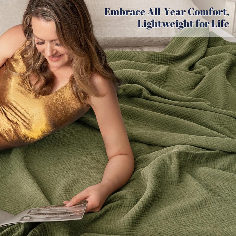 PHF 100% Cotton Muslin Throw XL Blanket Large 50" x 70", 4-Layer Lightweight Gauze Throw, Breathable Cloud-Soft Minimalist Blanket for Bed, Couch, Camping & Baby, Olive Green, Ideal Gift - Image 2