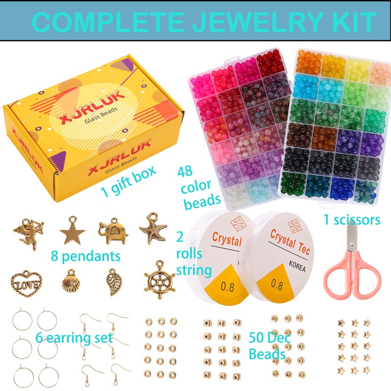 XJRLUK Glass Beads for Jewelry Making, 1280pcs + 8mm 48 Colors Round Crystal Glass Beads Bracelet Making Kit, Bead Starter Kit for Birthday Holiday Gifts - Image 2