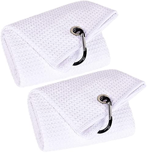 VIVIDLY VIVIDLY 2 Pack 16 x 24 Trifold Golf Towels Premium Microfiber Fabric Waffle Pattern with White Heavy Duty Carabiner Clip Orange Golf Towels for Golf Bags for Men White