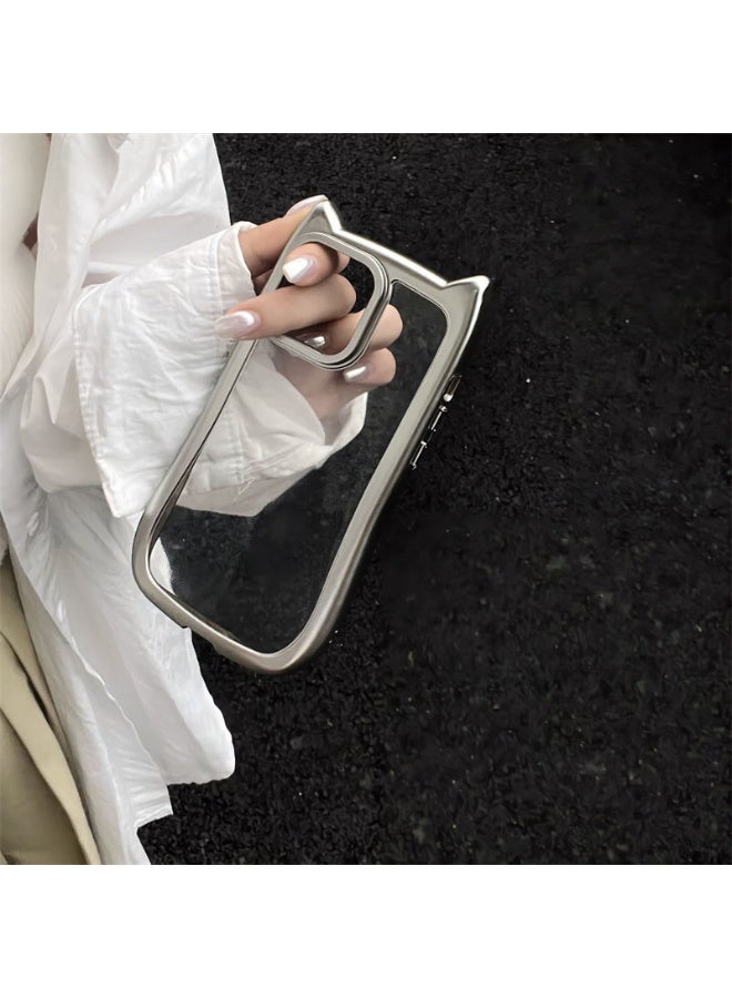 NIBEMINENT Electroplated Cat Ears Protective TPU Case Cover For iPhone 16 Pro Max, Silver - Image 2