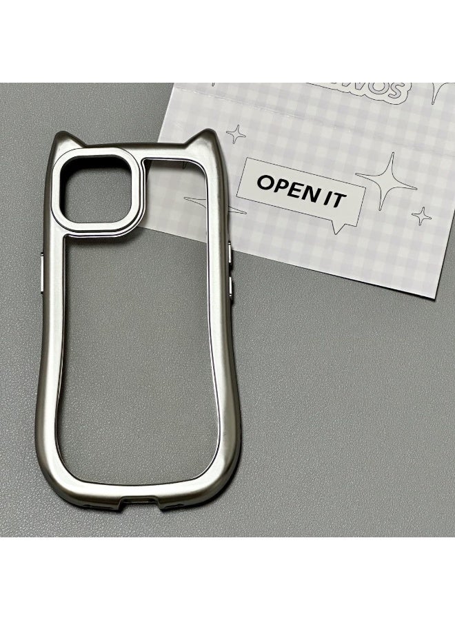 NIBEMINENT Electroplated Cat Ears Protective TPU Case Cover For iPhone 16 Pro Max, Silver - Image 1