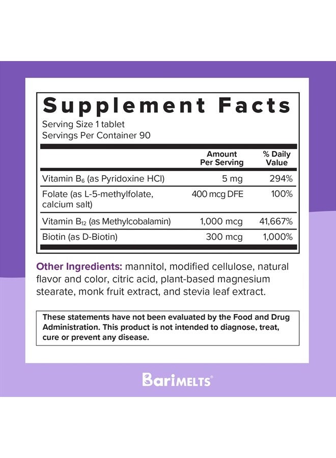 BariMelts Vitamin B12 Plus - 3 Month Supply (90 Fast-Dissolving Tablets) - Post-Op Bariatric Vitamins with Methylcobalamin B12, Vitamin B6, Methylated Folate, and Biotin​ - Image 5