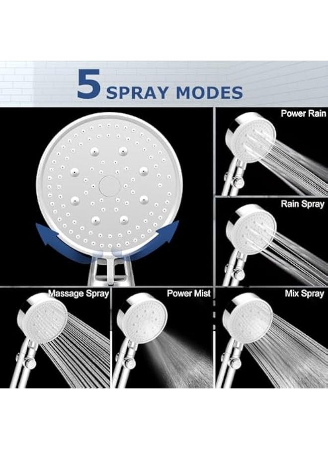 High Pressure Handheld Shower Head,  5 Spray Mode Hand Held Showerhead with Stainless Steel Hose, Adjustable Bracket, ON/OFF Switch, Tool-less 1-Min Installation for Bathroom Upgrade, CHROME