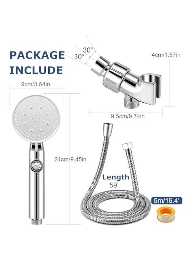 High Pressure Handheld Shower Head,  5 Spray Mode Hand Held Showerhead with Stainless Steel Hose, Adjustable Bracket, ON/OFF Switch, Tool-less 1-Min Installation for Bathroom Upgrade, CHROME