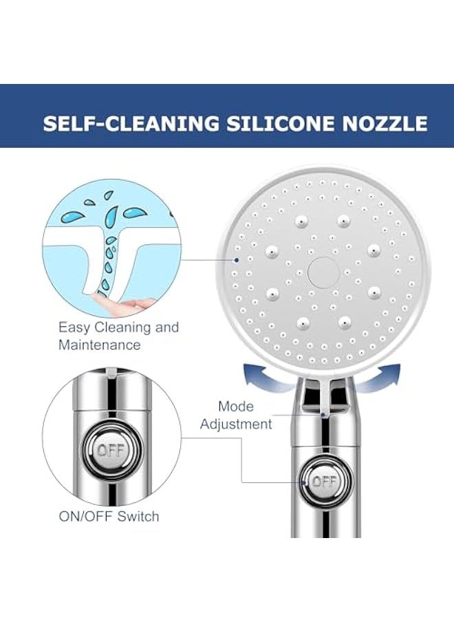 High Pressure Handheld Shower Head,  5 Spray Mode Hand Held Showerhead with Stainless Steel Hose, Adjustable Bracket, ON/OFF Switch, Tool-less 1-Min Installation for Bathroom Upgrade, CHROME