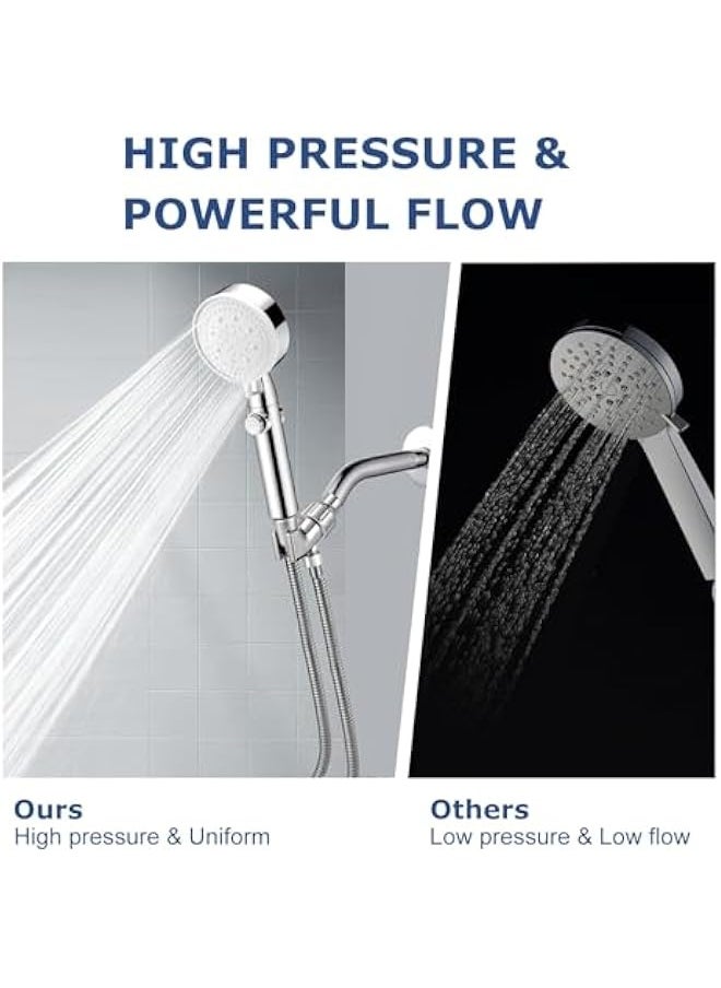High Pressure Handheld Shower Head,  5 Spray Mode Hand Held Showerhead with Stainless Steel Hose, Adjustable Bracket, ON/OFF Switch, Tool-less 1-Min Installation for Bathroom Upgrade, CHROME