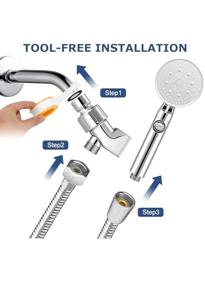 High Pressure Handheld Shower Head,  5 Spray Mode Hand Held Showerhead with Stainless Steel Hose, Adjustable Bracket, ON/OFF Switch, Tool-less 1-Min Installation for Bathroom Upgrade, CHROME