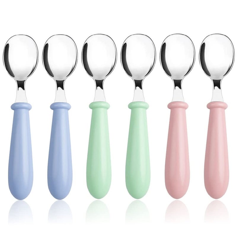 Pimoys 6 Pieces Toddler Spoons Baby Spoons for Self-Feeding, Stainless Steel Kids Spoons with Round Handle Metal Toddler Utensils Children's Silverware Set BPA Free, Dishwasher Safe - Image 1