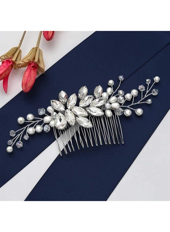 Gorais Crystal Bride Wedding Hair Comb Pearl Bridal Hair Pieces Rhinestone Hair Accessories for Women and Girls (A-Silver) - Image 1