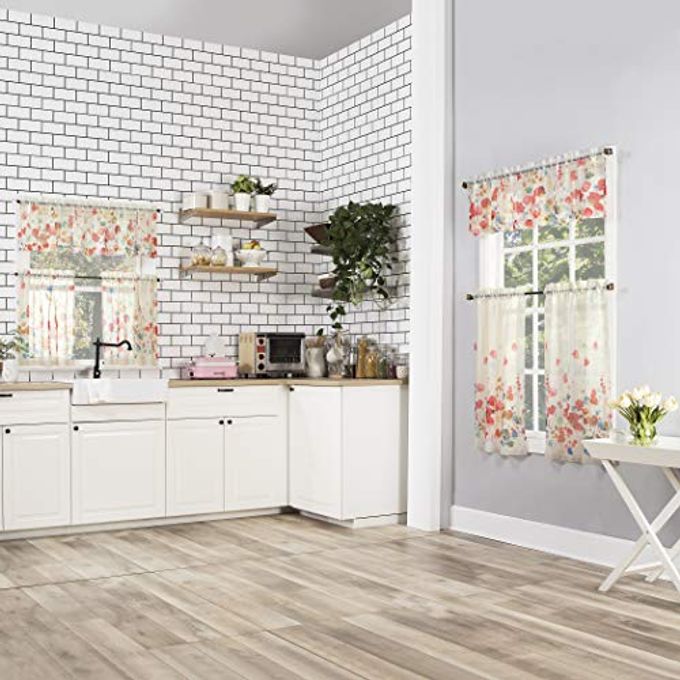 No. 918 Rosalind Watercolor Floral Semi-Sheer Rod Pocket Kitchen Curtain Valance, 54" x 14", Poppy Red - Image 3