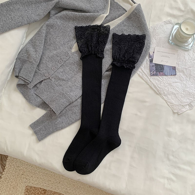 French-Style Romantic Lace Trim Over-The-Knee Socks for Women, Versatile Sweet Lolita Style Autumn Slouch Socks - Image 1
