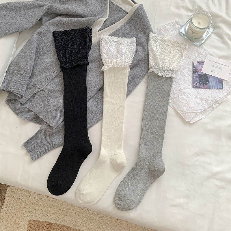 French-Style Romantic Lace Trim Over-The-Knee Socks for Women, Versatile Sweet Lolita Style Autumn Slouch Socks - Image 3