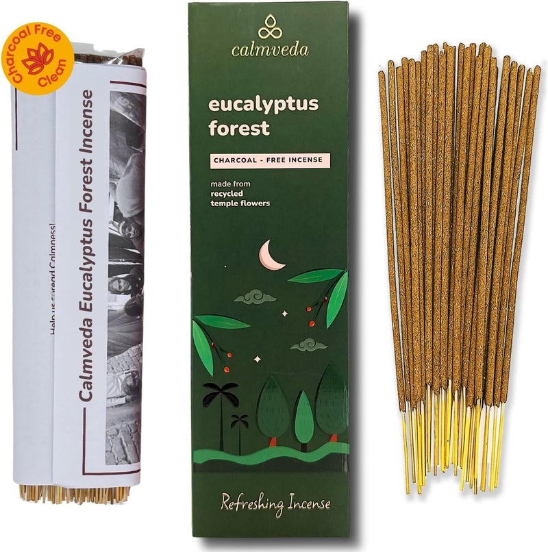 Calmveda Forest Eucalyptus Incense Sticks - 80 Charcoal Free Incense Sticks  Made from Upcycled Flowers | Crisp  Refreshing Aroma of Rainforest Incense  Transports You to Eucalyptus Forest - Image 1