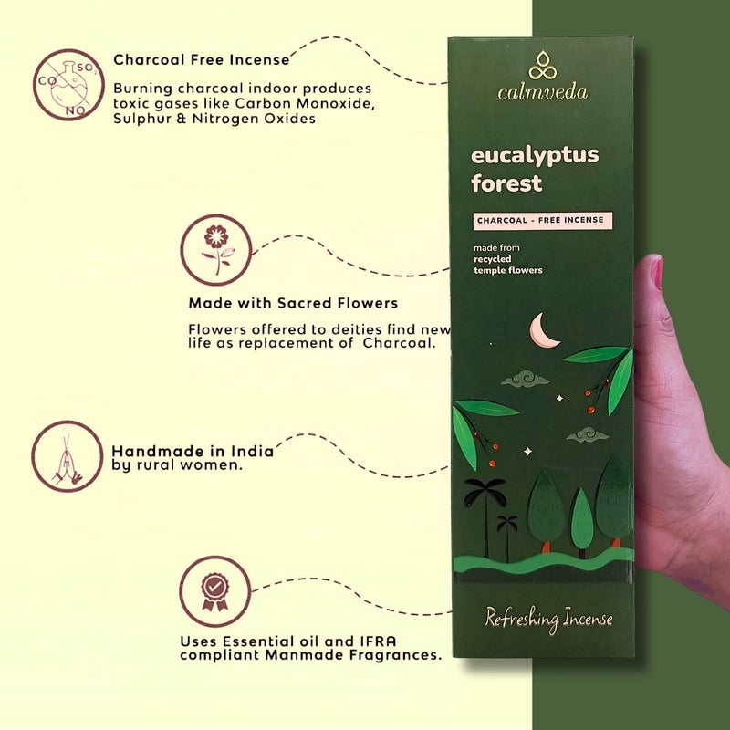 Calmveda Forest Eucalyptus Incense Sticks - 80 Charcoal Free Incense Sticks  Made from Upcycled Flowers | Crisp  Refreshing Aroma of Rainforest Incense  Transports You to Eucalyptus Forest - Image 2