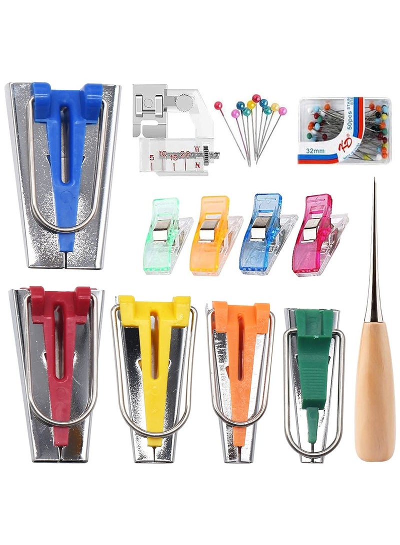 Excefore Fabric Bias Tape Makers Kit with Sewing Awl, Positioning Pin, Adjustable Binder Clip, Wooden Awl, Foot Press, Practical Bias Tape Maker Set - Image 5