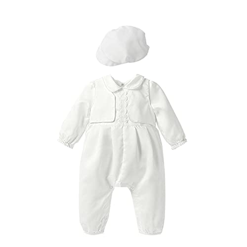 Leideur Baptism Outfits for Baby Boy's 2 Pieces 1 Year Birthday White Christening Set With Cap (White, 0-6 Months) - Image 1