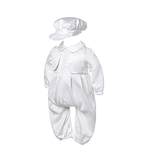 Leideur Baptism Outfits for Baby Boy's 2 Pieces 1 Year Birthday White Christening Set With Cap (White, 0-6 Months) - Image 5