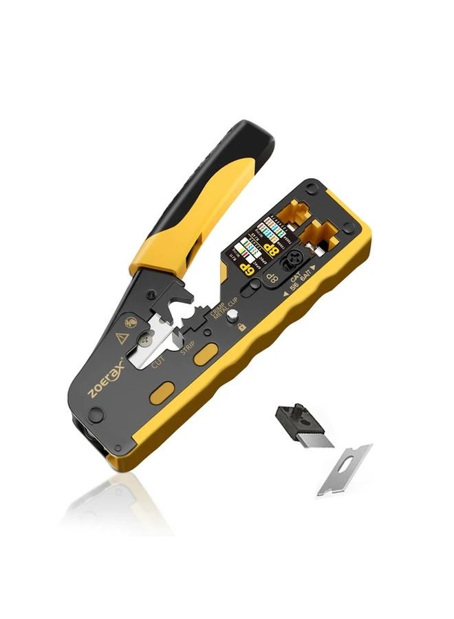 Yellow RJ45 Crimping Tool For Cat7 Cat6a Cat6 Cat5e Ethernet Connectors With Wire Cutter And Replacement Blade - Image 1