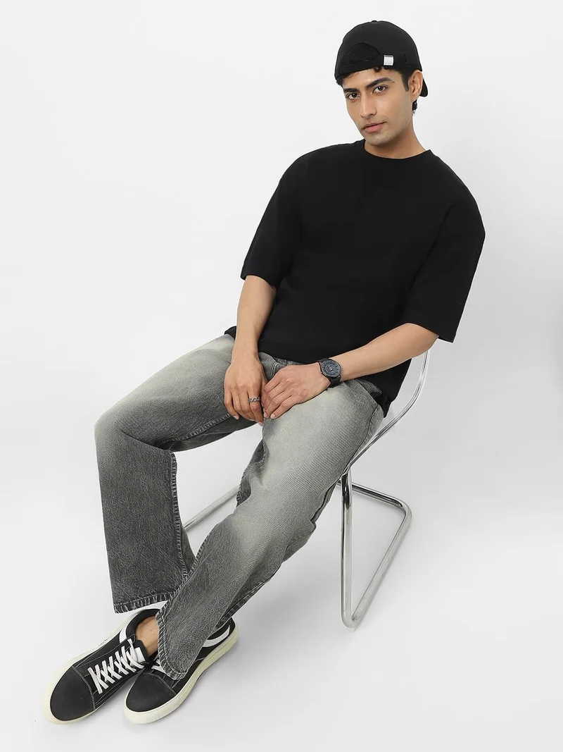 Urbano Fashion  Urbano Fashion Men's Black Textured Round Neck Oversized Half Sleeve Cotton T-Shirt  | Best Price UAE