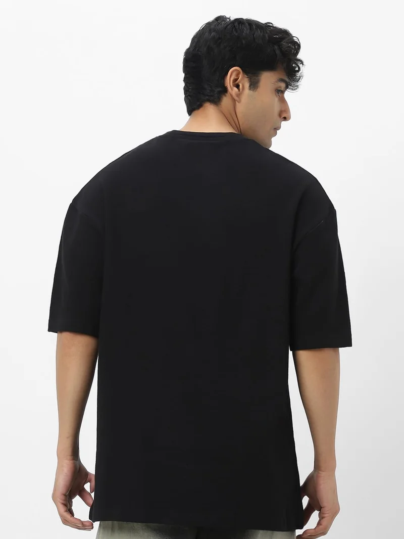 Urbano Fashion  Urbano Fashion Men's Black Textured Round Neck Oversized Half Sleeve Cotton T-Shirt  | Best Price UAE