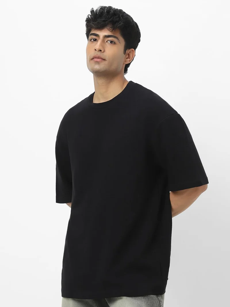 Urbano Fashion Men's Black Textured Round Neck Oversized Half Sleeve Cotton T-Shirt