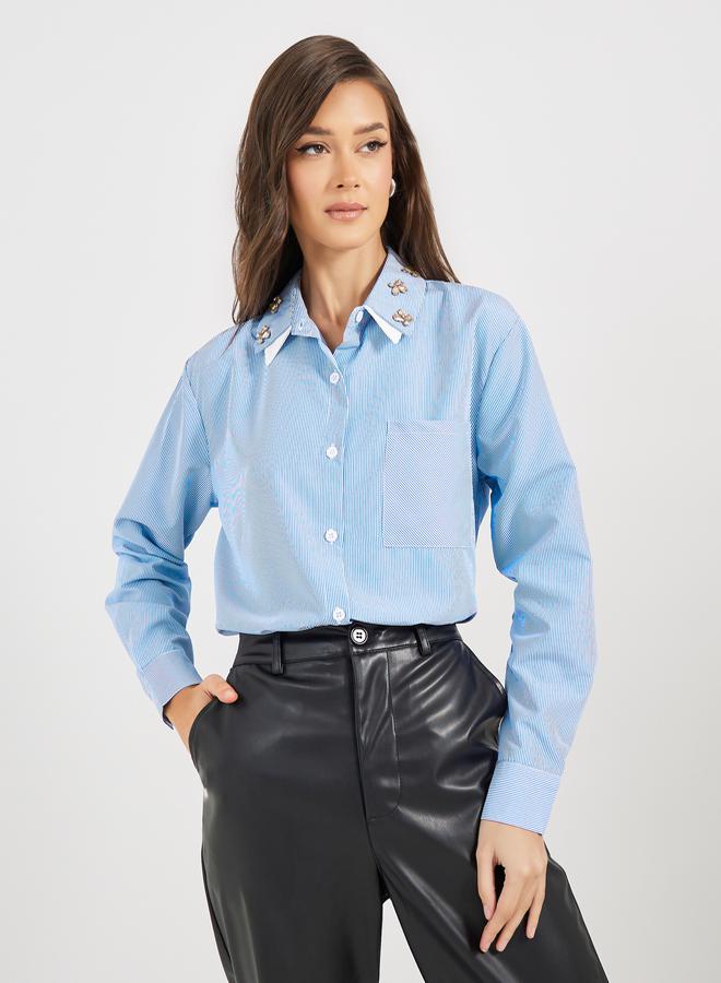 Styli Double Contrast Embellished Collar Loose Fit Shirt  - Image 3