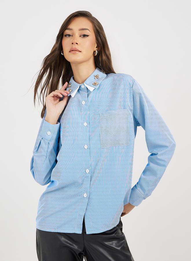 Styli Double Contrast Embellished Collar Loose Fit Shirt  - Image 1