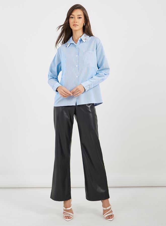 Styli Double Contrast Embellished Collar Loose Fit Shirt  - Image 2