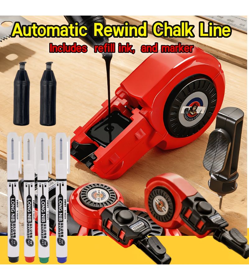 Automatic And Manual Chalk Line Reel With 1 Black Marker And 2 Bottles Of 1.69oz Ink Multi Functional High Precision Measuring Tool For Carpentry Construction Plumbing Projects Home Improvement Portable Durable Carpenter Layout Marking Tool Set - Image 1