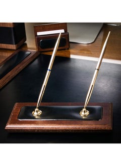 Dacasso Dacasso Walnut And Leather Double Holder Luxury Stand With Rolling Ball Elegant Pen Organizer And Executive Desk Decor- 3 Piece Set   Walnut  - Image 2