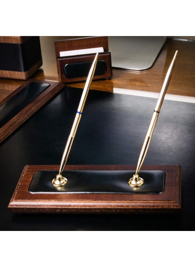 Dacasso Dacasso Walnut And Leather Double Holder Luxury Stand With Rolling Ball Elegant Pen Organizer And Executive Desk Decor- 3 Piece Set   Walnut  - Image 2