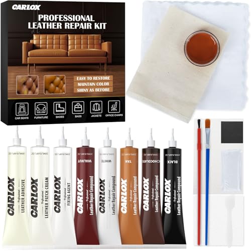 CARLOX Leather Repair Kit for Car Seats, Furniture and Couch, Vinyl Repair Kit with 3-Step Reinforcement, Easy Instructions to Fix Tears, Holes, Scratches & Peeling, Customizable Colors for Glossy Leather - Image 1