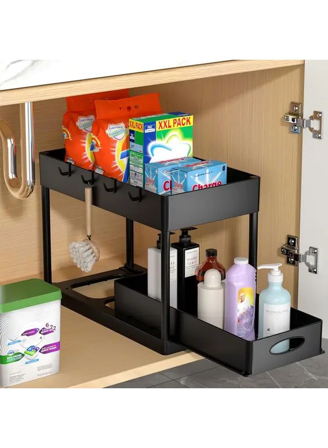 1pc Sliding Under Sink Organizer 2 Tier Cabinet Storage With Hooks Cup Holder Black Space Saving Easy Access Drawer Design For Kitchen Bathroom Durable Painted Finish Rectangular Fit Under Sinks - Image 1