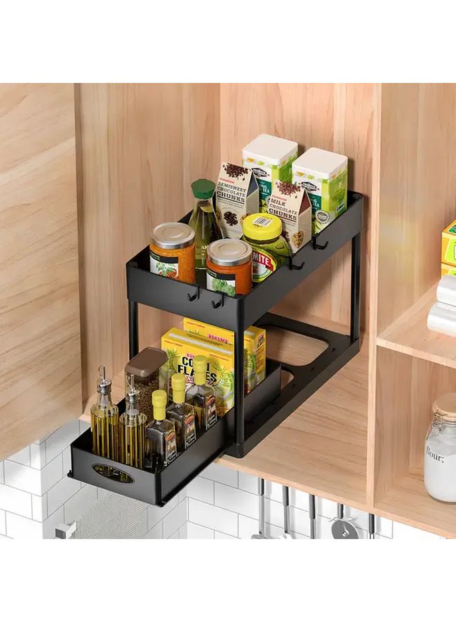 1pc Sliding Under Sink Organizer 2 Tier Cabinet Storage With Hooks Cup Holder Black Space Saving Easy Access Drawer Design For Kitchen Bathroom Durable Painted Finish Rectangular Fit Under Sinks - Image 5
