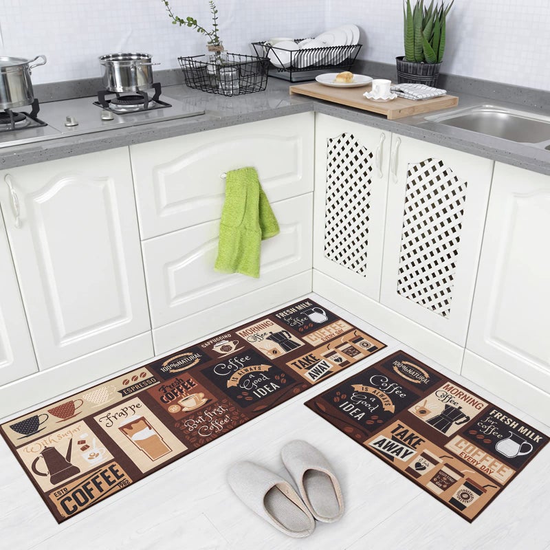 2 Piece Kitchen Rug Set with Non Slip Backing Washable Floor Mats for Kitchen Sink Doormat and Runner Rugs Throw Carpet Cafe Design 17x4817x24