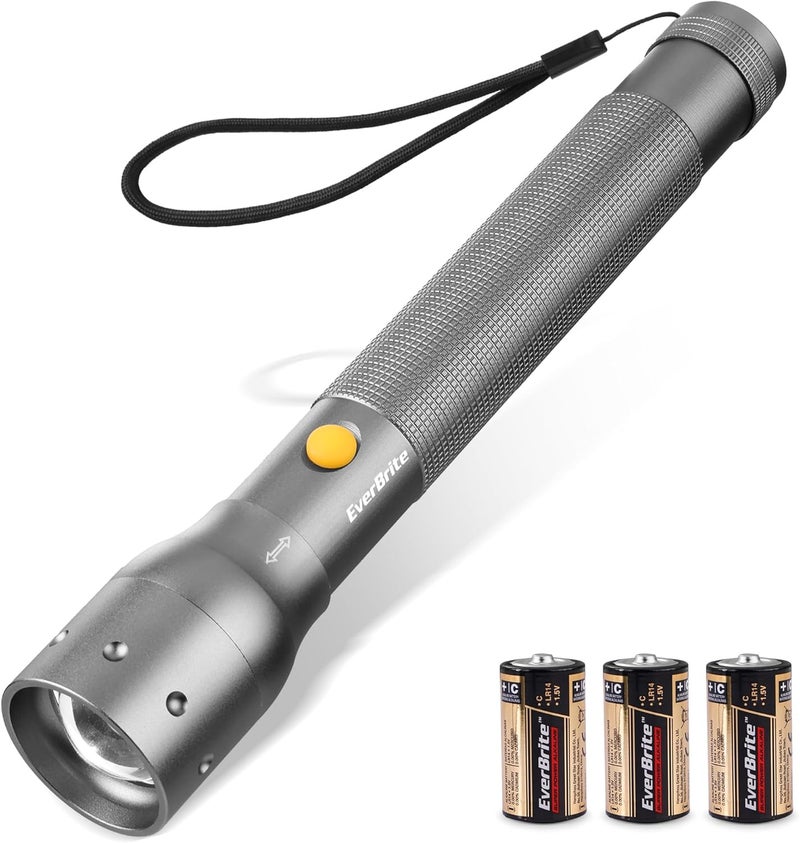 EverBrite Ultra Bright Tactical Flashlight, 900 Lumen Zoomable Adjustable Focus, 3 Light Modes, Heavy-Duty Aluminum Torch for Hurricane Supplies Camping, Includes 3C Alkaline Batteries-Gray - Image 1