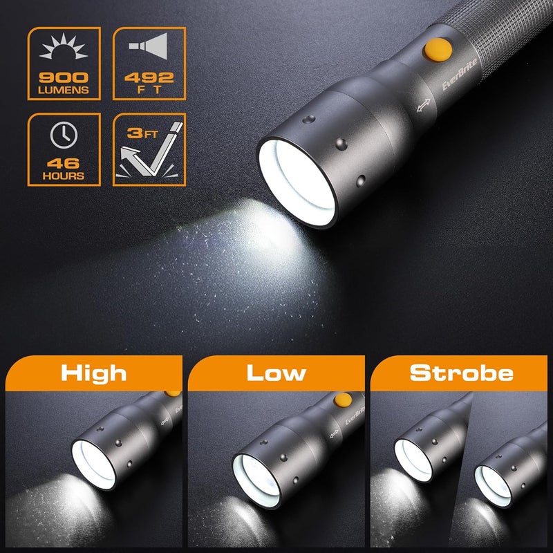EverBrite Ultra Bright Tactical Flashlight, 900 Lumen Zoomable Adjustable Focus, 3 Light Modes, Heavy-Duty Aluminum Torch for Hurricane Supplies Camping, Includes 3C Alkaline Batteries-Gray - Image 2