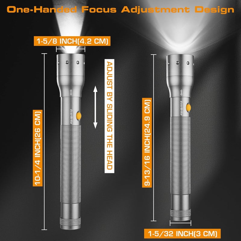 EverBrite Ultra Bright Tactical Flashlight, 900 Lumen Zoomable Adjustable Focus, 3 Light Modes, Heavy-Duty Aluminum Torch for Hurricane Supplies Camping, Includes 3C Alkaline Batteries-Gray - Image 3