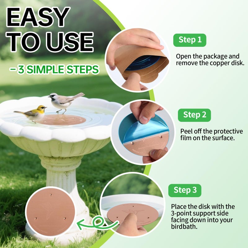 Bessny 2 Pack Bird Bath Copper Discs, 99.9% Pure Copper Cleaner with Triple-Point Support, Reinforced Design for Safe Clean Water, Universal Fit for Outdoor Birdbaths and Bowls, All-Season Use - Image 5