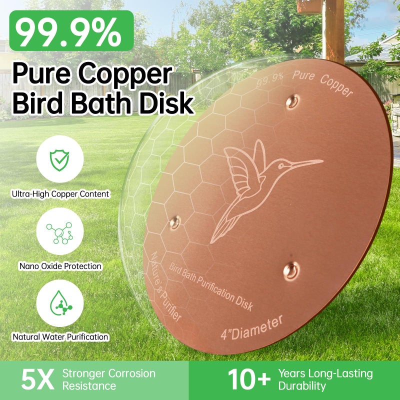 Bessny 2 Pack Bird Bath Copper Discs, 99.9% Pure Copper Cleaner with Triple-Point Support, Reinforced Design for Safe Clean Water, Universal Fit for Outdoor Birdbaths and Bowls, All-Season Use - Image 2