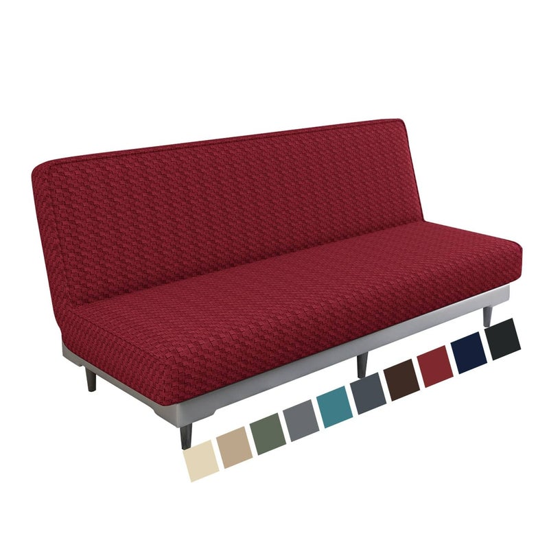 MAXIJIN Jacquard Futon Cover Stretch Armless Futon Sofa Cover Soft Futon Slipcover with Elastic Bottom Thick Sofa Bed Furniture Protector Covers Machine Washable Wine Red