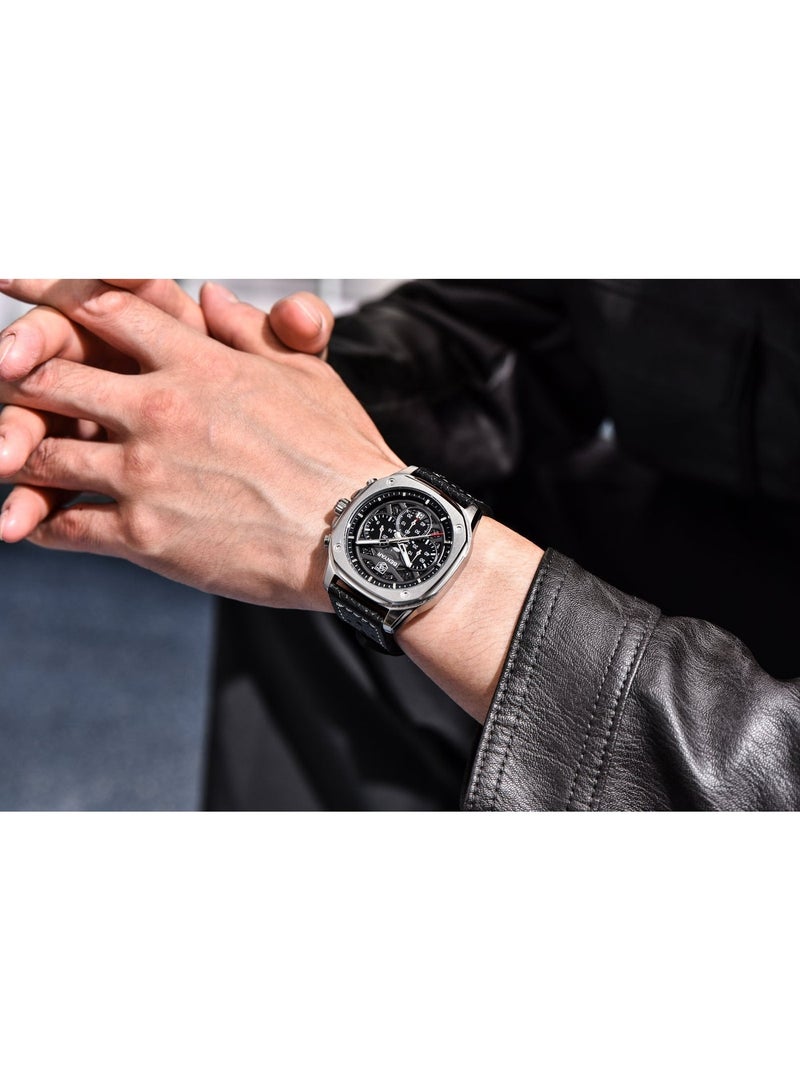 BENYAR Watches for Men Luxury Quartz Water Resistant Watch Men's Chronograph Genuine Leather Strap 5200 Black - Image 2