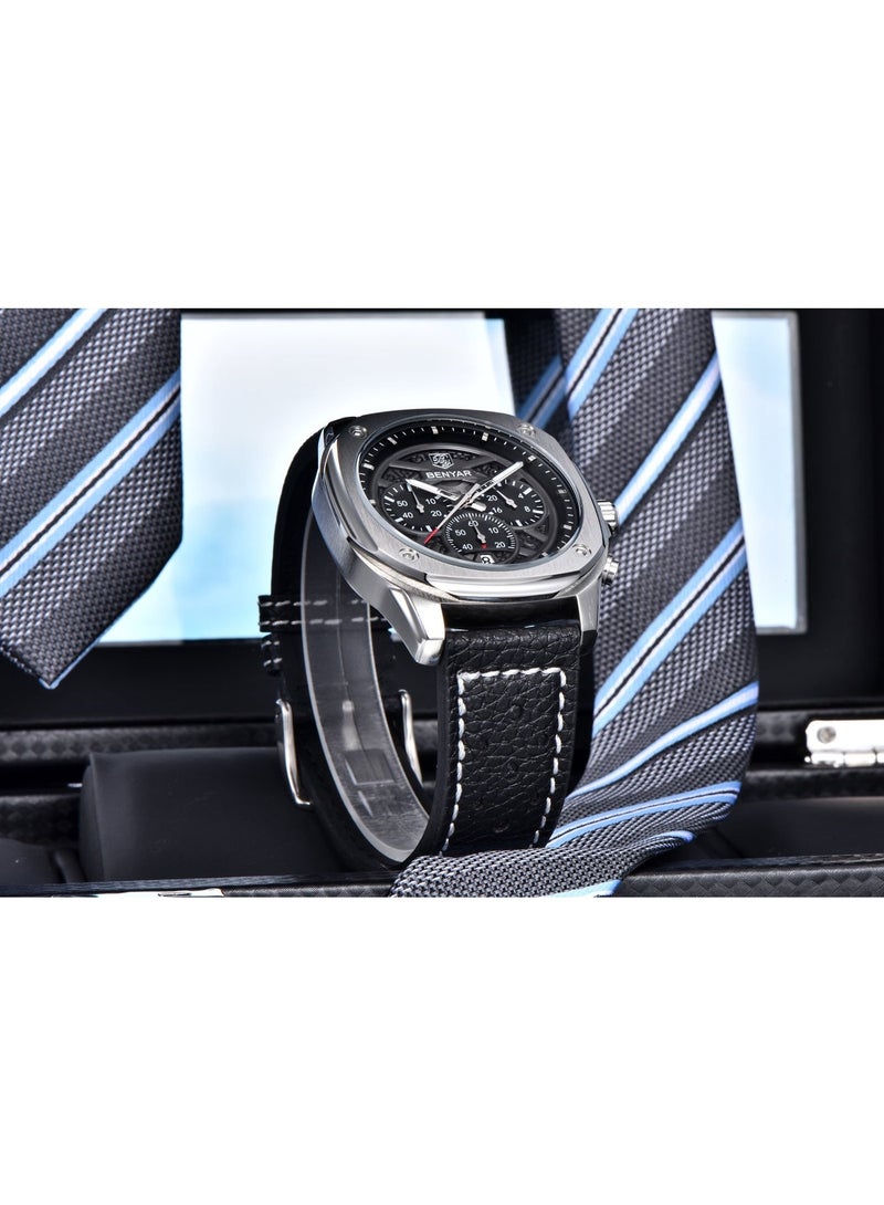 BENYAR Watches for Men Luxury Quartz Water Resistant Watch Men's Chronograph Genuine Leather Strap 5200 Black - Image 4