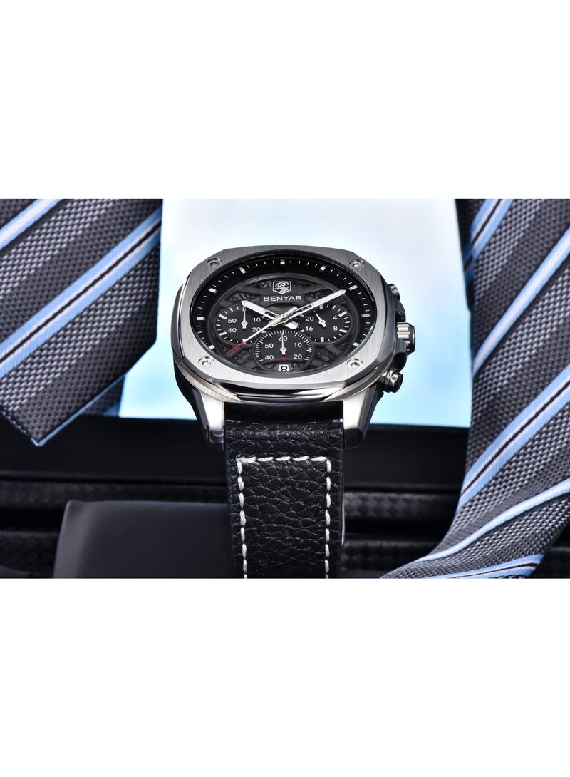 BENYAR Watches for Men Luxury Quartz Water Resistant Watch Men's Chronograph Genuine Leather Strap 5200 Black - Image 5